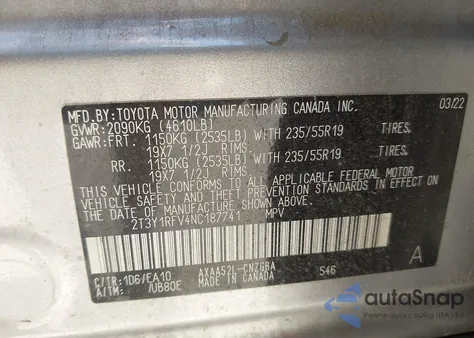 2022 Toyota Rav4 Limited z USA, uszkodzony, nr VIN 2T3Y1RFV4NC187741